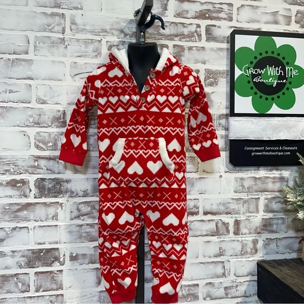 Carter's Red and White Heart winter Patterned Kids one piece hooded outfit
